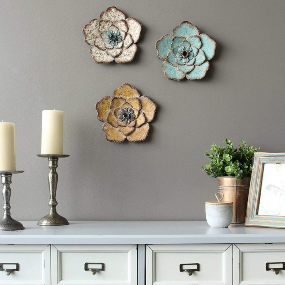 New 8 Inch Colorful Metal Flower Wall Art 3PCS Layered Decor for Home Office